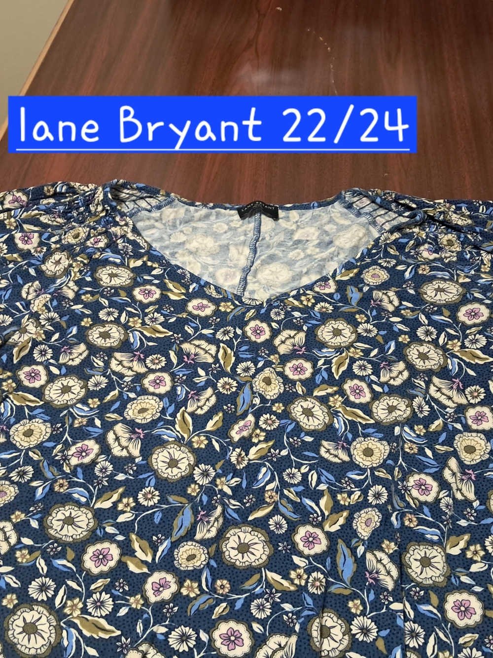 Lane Bryant Navy Floral V-Neck Plus Blouse with Cream & Light Blue Accents